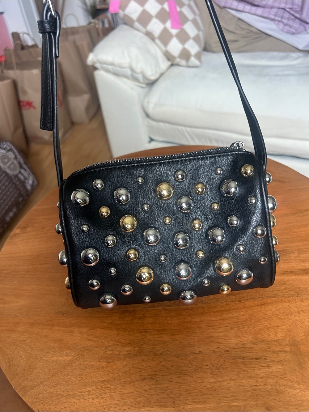 BCBGeneration Black Studded Leather Shoulder Bag- Silver/Gold